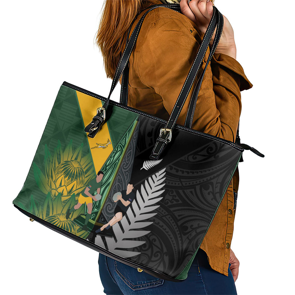 New Zealand and South Africa Rugby Leather Tote Bag Ultimate Rivalry All Black Springboks
