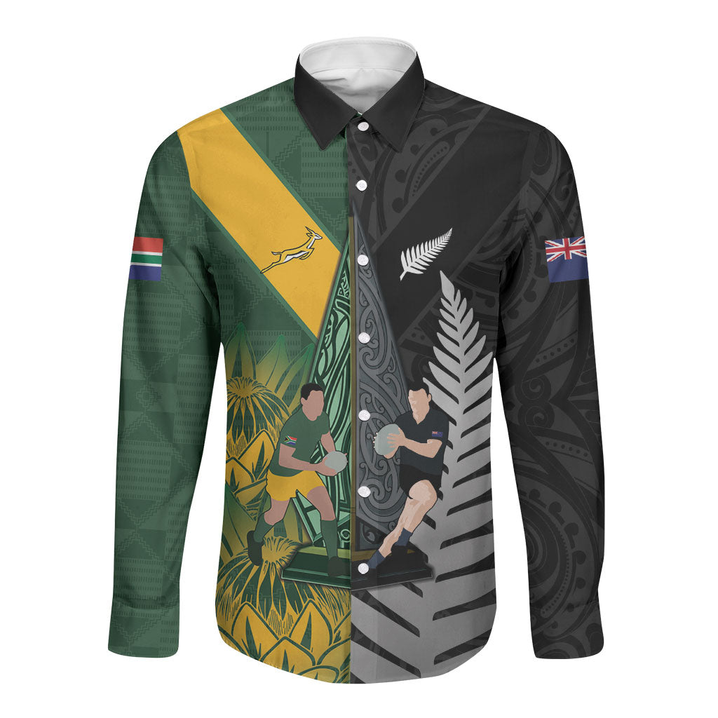 New Zealand and South Africa Rugby Custom Long Sleeve Button Shirt Ultimate Rivalry All Black Springboks
