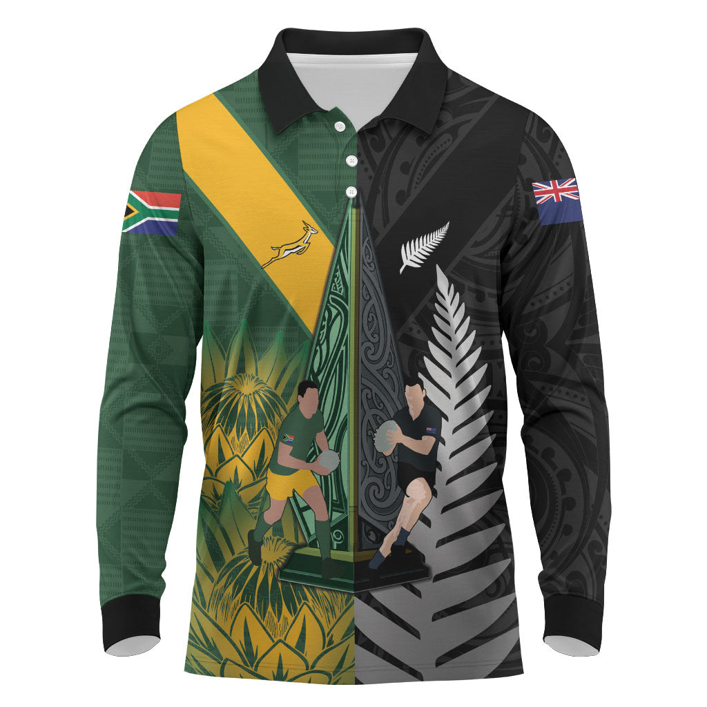 New Zealand and South Africa Rugby Custom Long Sleeve Polo Shirt Ultimate Rivalry All Black Springboks