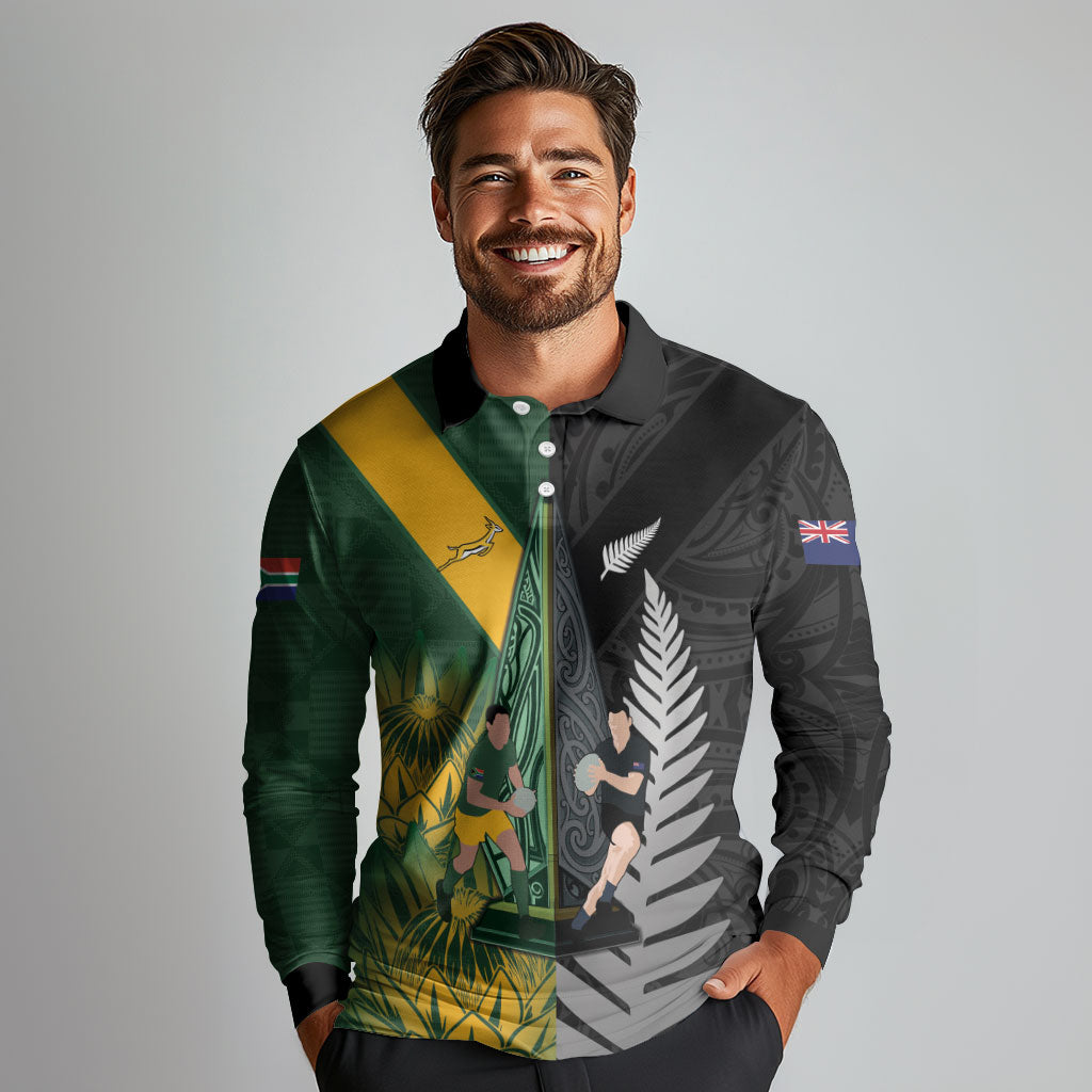 New Zealand and South Africa Rugby Custom Long Sleeve Polo Shirt Ultimate Rivalry All Black Springboks
