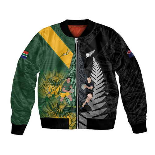 New Zealand and South Africa Rugby Custom Sleeve Zip Bomber Jacket Ultimate Rivalry All Black Springboks