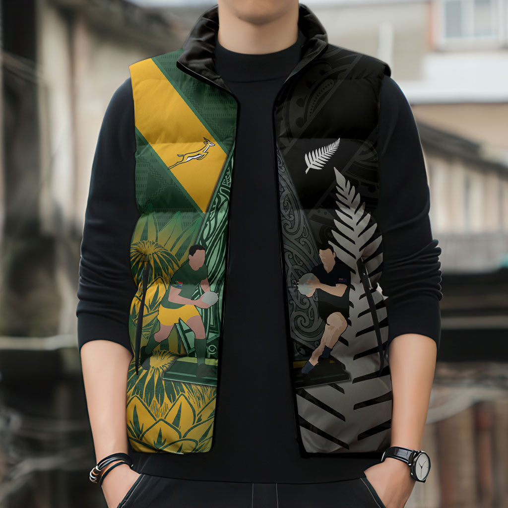 New Zealand and South Africa Rugby Custom Sleeveless Puffer Jacket Ultimate Rivalry All Black Springboks