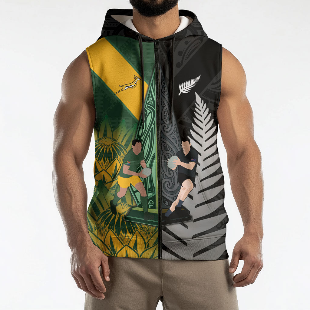 New Zealand and South Africa Rugby Custom Sleeveless Zip Hoodie Ultimate Rivalry All Black Springboks