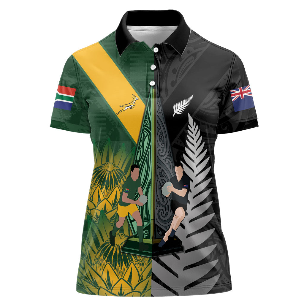 New Zealand and South Africa Rugby Custom Women Polo Shirt Ultimate Rivalry All Black Springboks