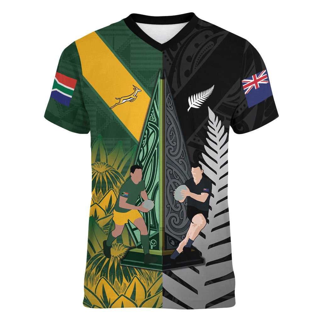 New Zealand and South Africa Rugby Custom Women V-Neck T-Shirt Ultimate Rivalry All Black Springboks