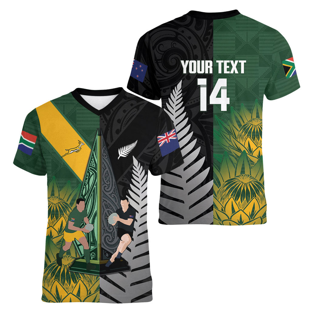 New Zealand and South Africa Rugby Custom Women V-Neck T-Shirt Ultimate Rivalry All Black Springboks