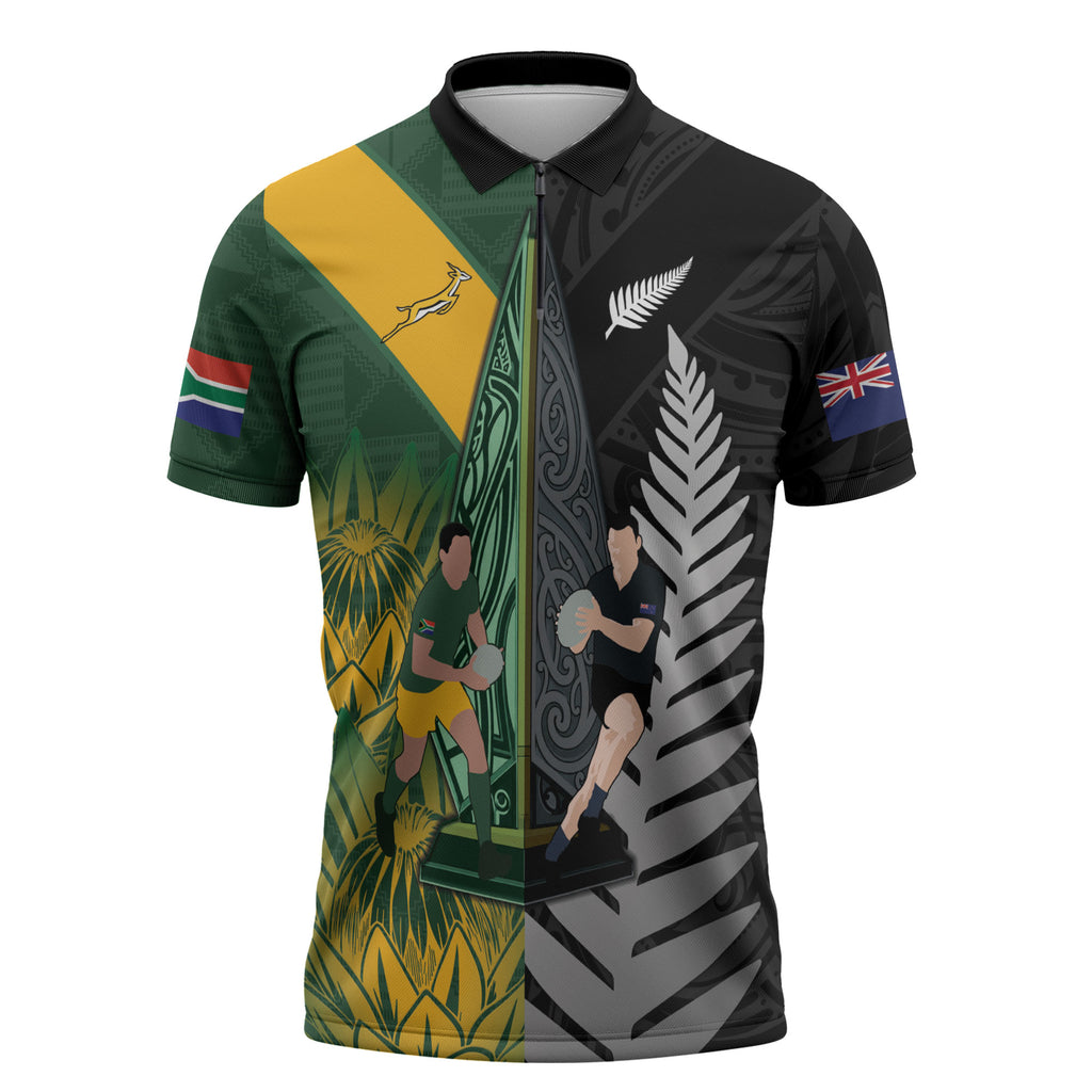 New Zealand and South Africa Rugby Custom Zipper Polo Shirt Ultimate Rivalry All Black Springboks