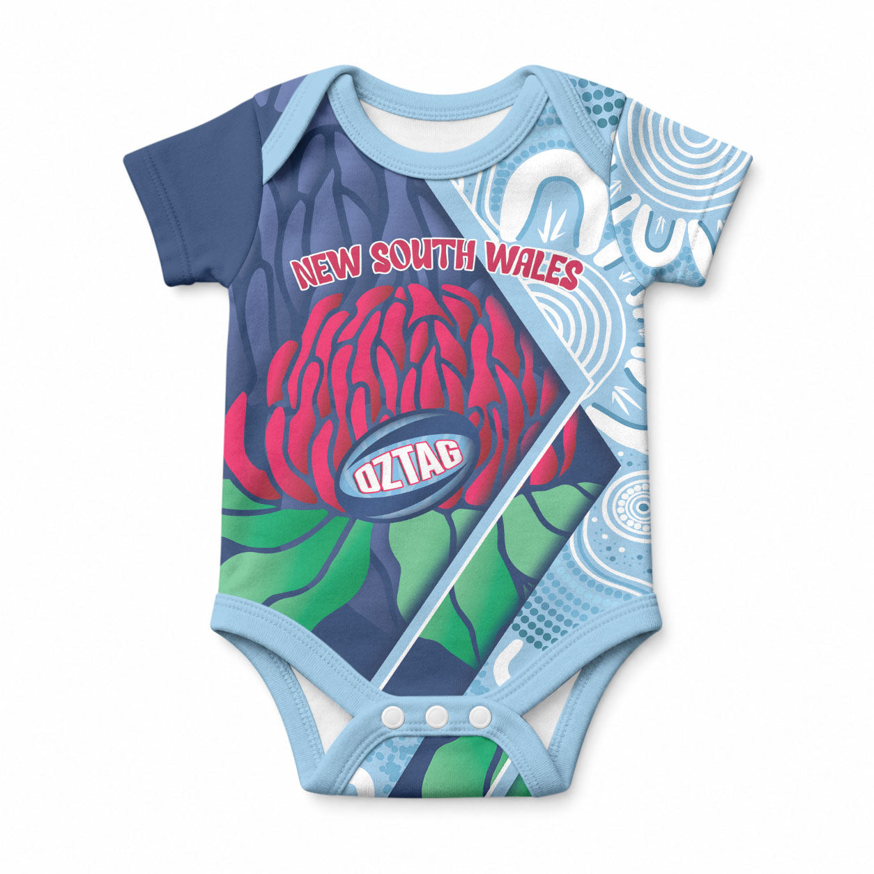 New South Wales Oztag Custom Baby Onesie NSW Waratah Indigenous Art