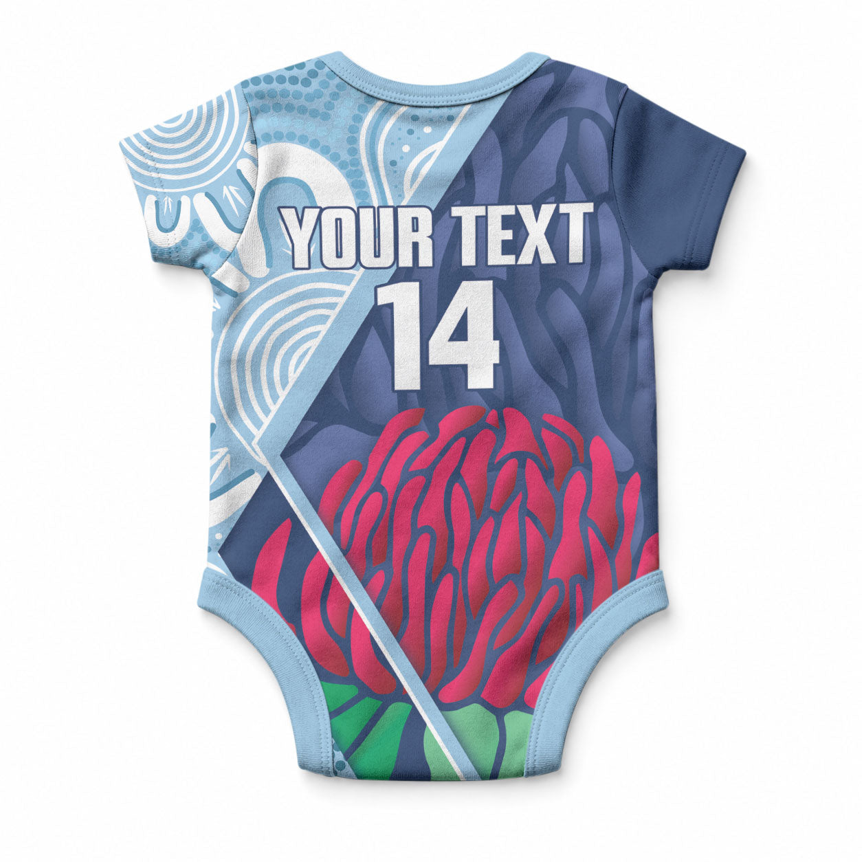 New South Wales Oztag Custom Baby Onesie NSW Waratah Indigenous Art