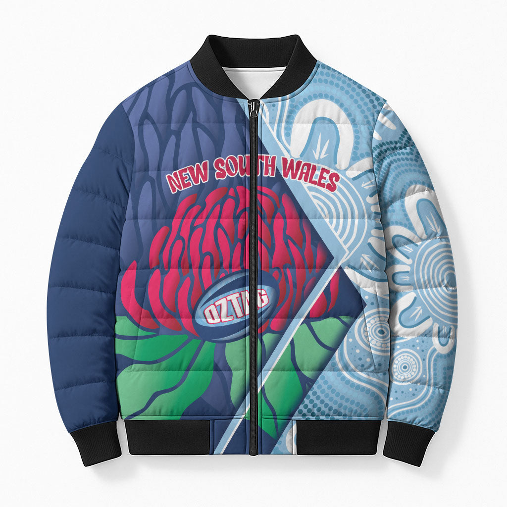 New South Wales Oztag Custom Bomber Puffer Jacket NSW Waratah Indigenous Art