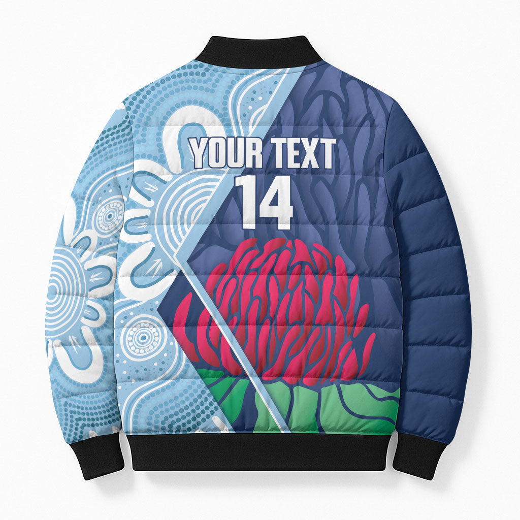 New South Wales Oztag Custom Bomber Puffer Jacket NSW Waratah Indigenous Art