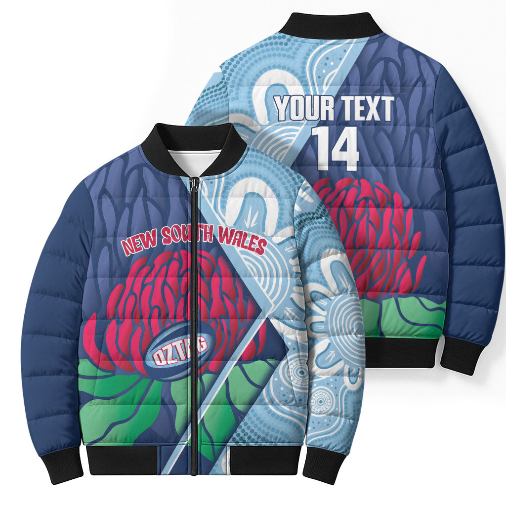 New South Wales Oztag Custom Bomber Puffer Jacket NSW Waratah Indigenous Art