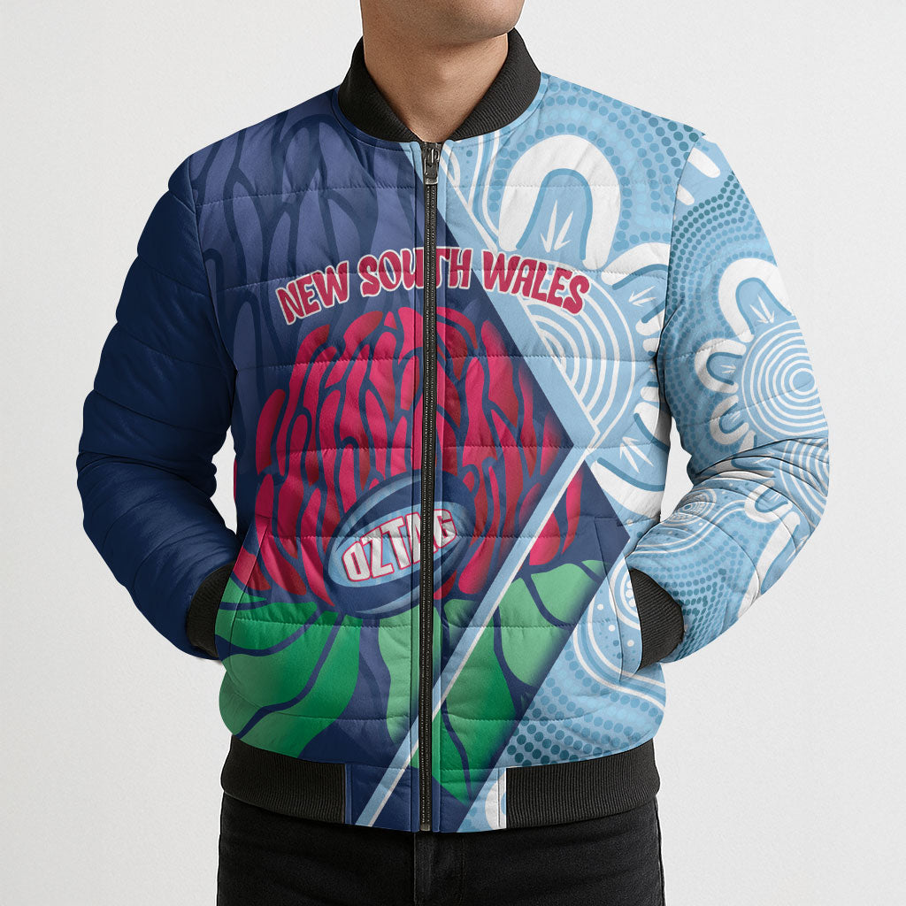 New South Wales Oztag Custom Bomber Puffer Jacket NSW Waratah Indigenous Art