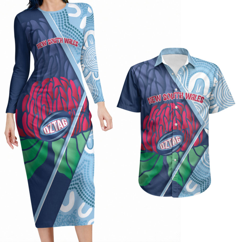 New South Wales Oztag Custom Couples Matching Long Sleeve Bodycon Dress and Hawaiian Shirt NSW Waratah Indigenous Art