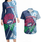 New South Wales Oztag Custom Couples Matching Long Sleeve Bodycon Dress and Hawaiian Shirt NSW Waratah Indigenous Art
