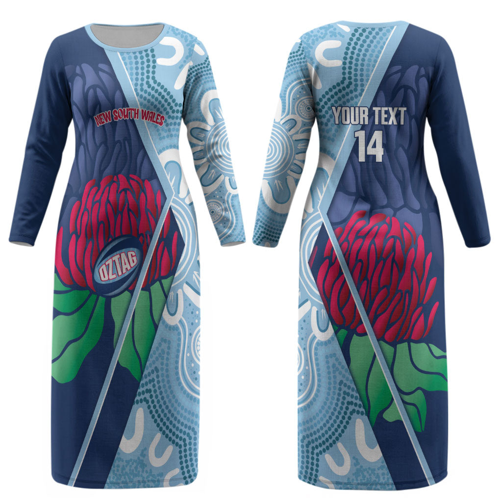 New South Wales Oztag Custom Couples Matching Long Sleeve Bodycon Dress and Hawaiian Shirt NSW Waratah Indigenous Art