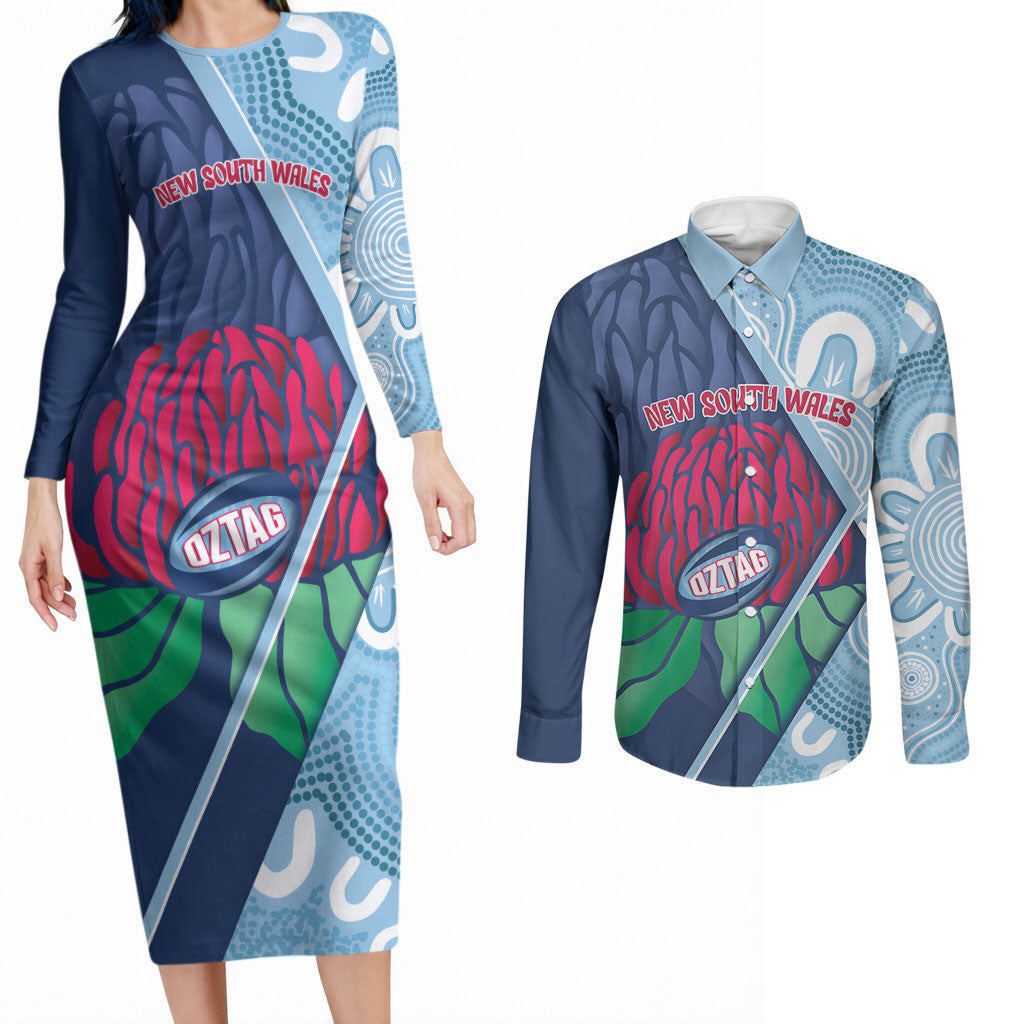 New South Wales Oztag Custom Couples Matching Long Sleeve Bodycon Dress and Long Sleeve Button Shirt NSW Waratah Indigenous Art