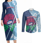 New South Wales Oztag Custom Couples Matching Long Sleeve Bodycon Dress and Long Sleeve Button Shirt NSW Waratah Indigenous Art