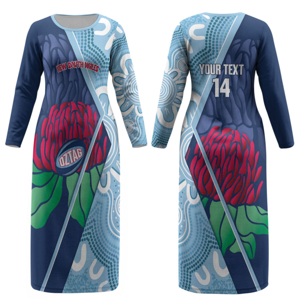 New South Wales Oztag Custom Couples Matching Long Sleeve Bodycon Dress and Long Sleeve Button Shirt NSW Waratah Indigenous Art