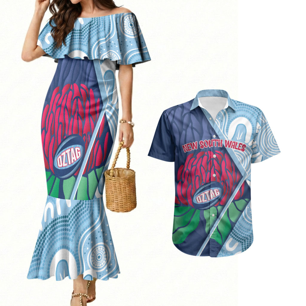 New South Wales Oztag Custom Couples Matching Mermaid Dress and Hawaiian Shirt NSW Waratah Indigenous Art