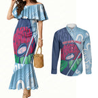 New South Wales Oztag Custom Couples Matching Mermaid Dress and Long Sleeve Button Shirt NSW Waratah Indigenous Art