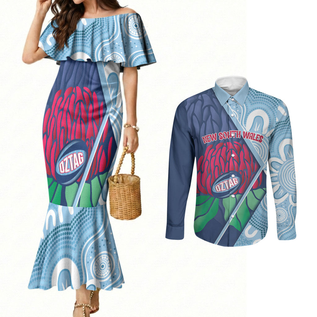 New South Wales Oztag Custom Couples Matching Mermaid Dress and Long Sleeve Button Shirt NSW Waratah Indigenous Art