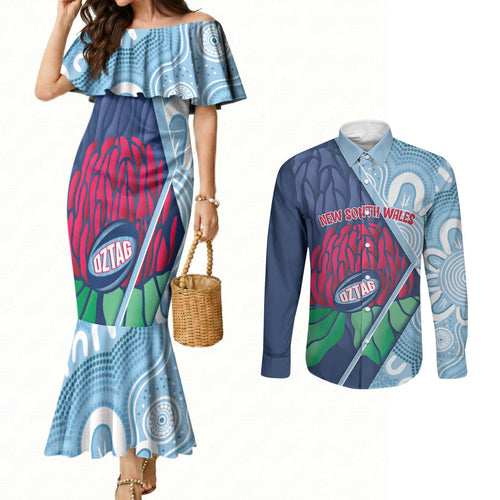 New South Wales Oztag Custom Couples Matching Mermaid Dress and Long Sleeve Button Shirt NSW Waratah Indigenous Art