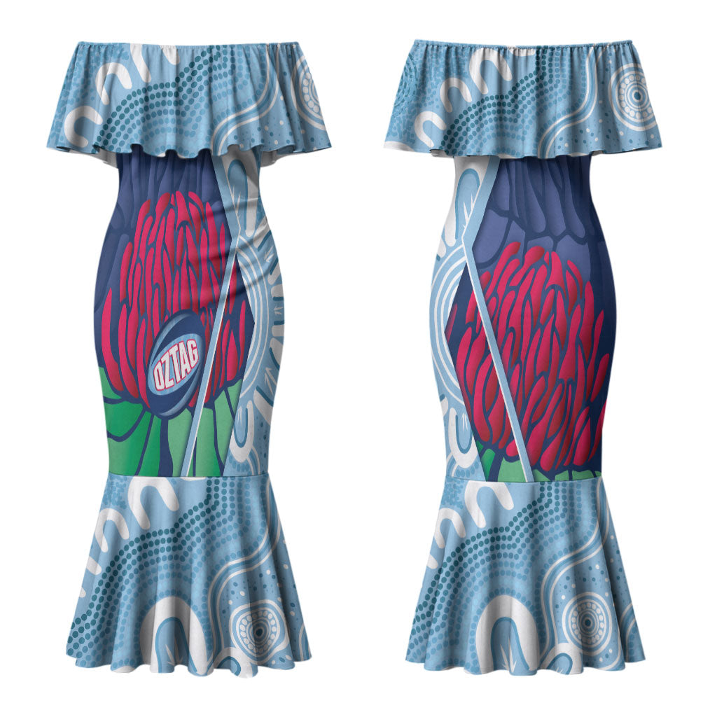 New South Wales Oztag Custom Couples Matching Mermaid Dress and Long Sleeve Button Shirt NSW Waratah Indigenous Art
