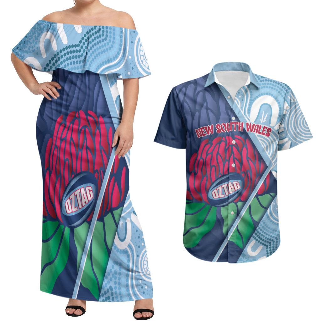 New South Wales Oztag Custom Couples Matching Off Shoulder Maxi Dress and Hawaiian Shirt NSW Waratah Indigenous Art