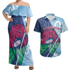 New South Wales Oztag Custom Couples Matching Off Shoulder Maxi Dress and Hawaiian Shirt NSW Waratah Indigenous Art