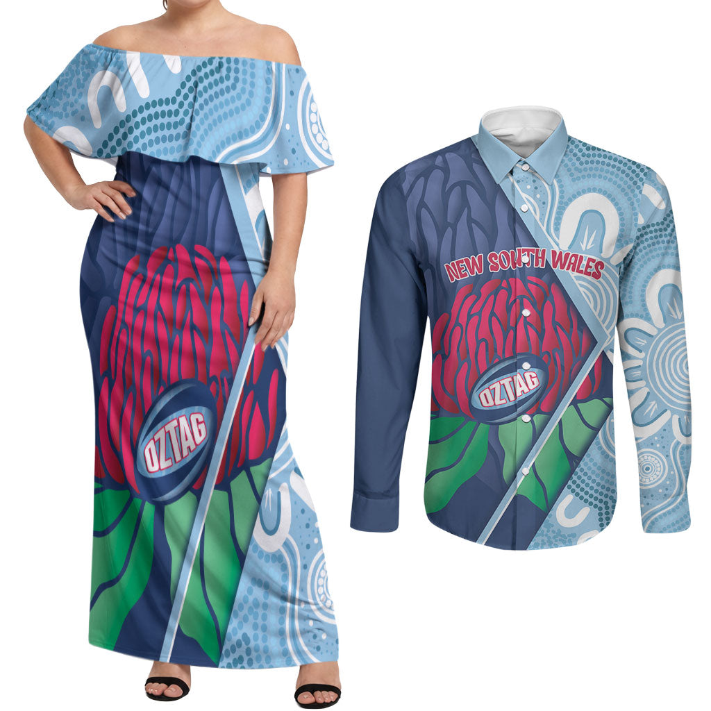 New South Wales Oztag Custom Couples Matching Off Shoulder Maxi Dress and Long Sleeve Button Shirt NSW Waratah Indigenous Art
