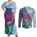 New South Wales Oztag Custom Couples Matching Off Shoulder Maxi Dress and Long Sleeve Button Shirt NSW Waratah Indigenous Art