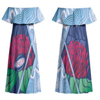 New South Wales Oztag Custom Couples Matching Off Shoulder Maxi Dress and Long Sleeve Button Shirt NSW Waratah Indigenous Art