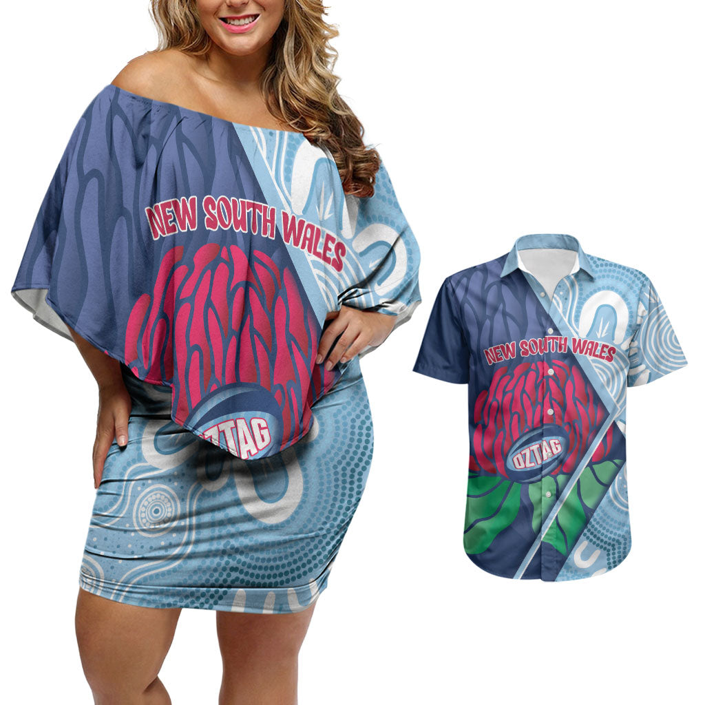New South Wales Oztag Custom Couples Matching Off Shoulder Short Dress and Hawaiian Shirt NSW Waratah Indigenous Art