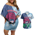 New South Wales Oztag Custom Couples Matching Off Shoulder Short Dress and Hawaiian Shirt NSW Waratah Indigenous Art