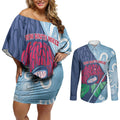 New South Wales Oztag Custom Couples Matching Off Shoulder Short Dress and Long Sleeve Button Shirt NSW Waratah Indigenous Art