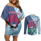 New South Wales Oztag Custom Couples Matching Off Shoulder Short Dress and Long Sleeve Button Shirt NSW Waratah Indigenous Art
