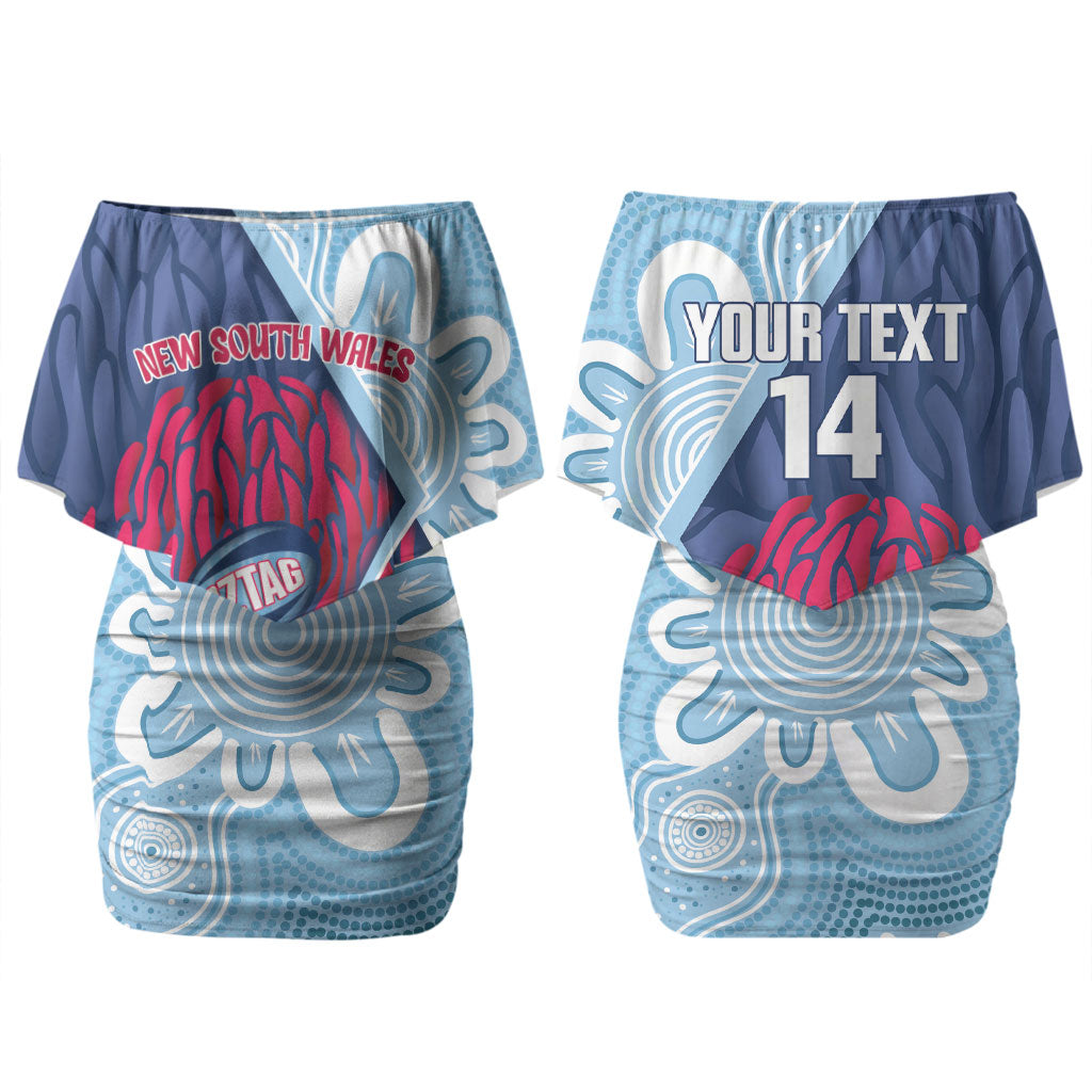 New South Wales Oztag Custom Couples Matching Off Shoulder Short Dress and Long Sleeve Button Shirt NSW Waratah Indigenous Art