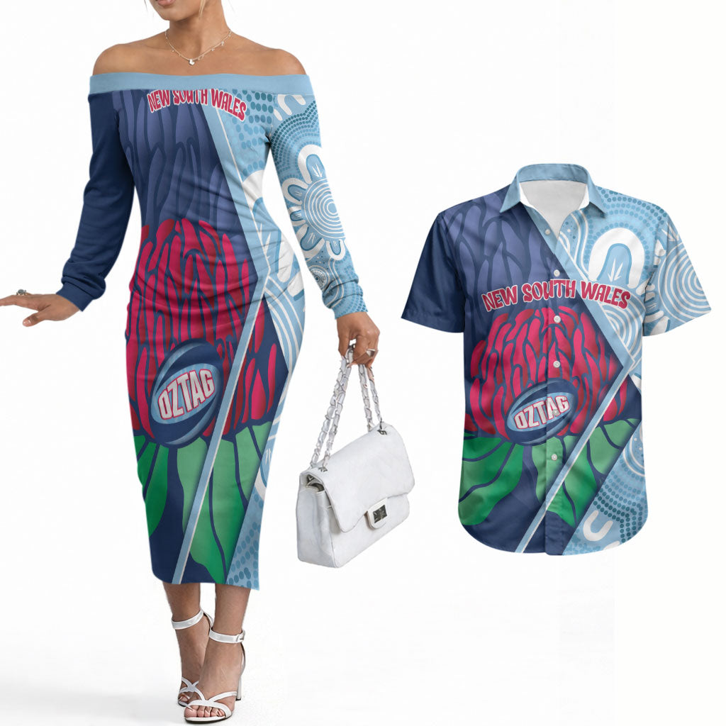 New South Wales Oztag Custom Couples Matching Off The Shoulder Long Sleeve Dress and Hawaiian Shirt NSW Waratah Indigenous Art