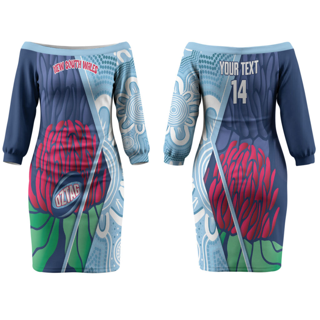 New South Wales Oztag Custom Couples Matching Off The Shoulder Long Sleeve Dress and Hawaiian Shirt NSW Waratah Indigenous Art