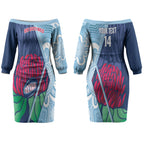 New South Wales Oztag Custom Couples Matching Off The Shoulder Long Sleeve Dress and Hawaiian Shirt NSW Waratah Indigenous Art