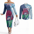 New South Wales Oztag Custom Couples Matching Off The Shoulder Long Sleeve Dress and Long Sleeve Button Shirt NSW Waratah Indigenous Art