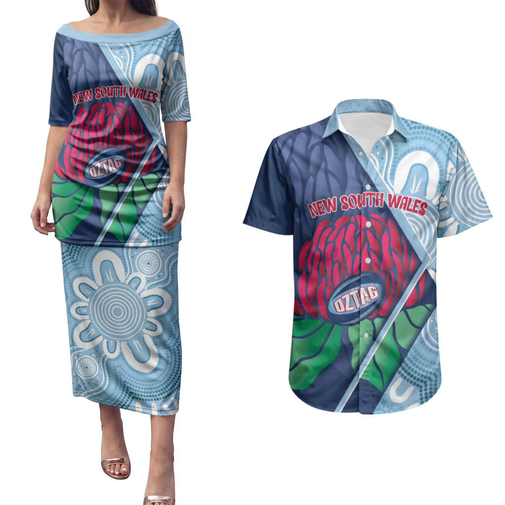 New South Wales Oztag Custom Couples Matching Puletasi and Hawaiian Shirt NSW Waratah Indigenous Art