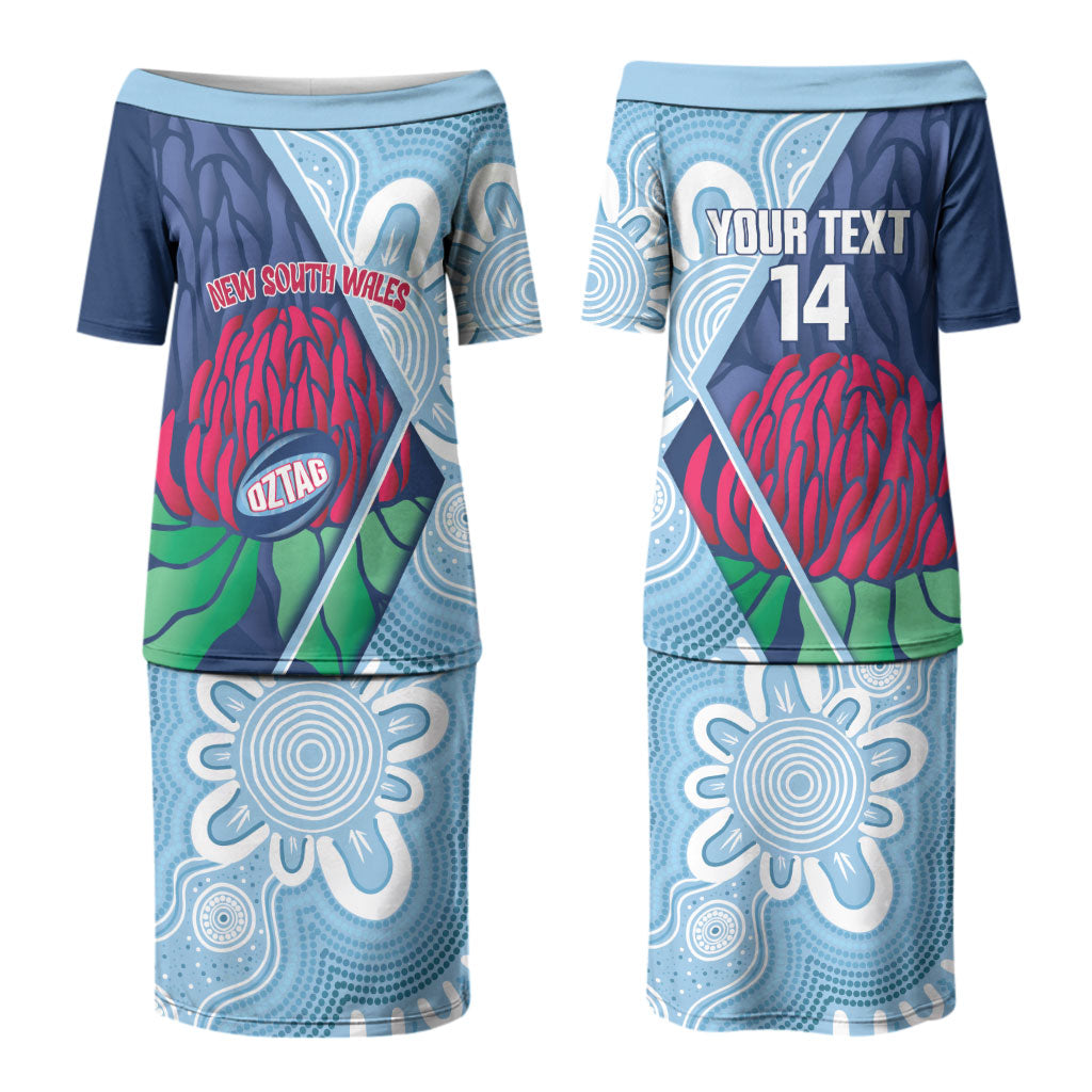 New South Wales Oztag Custom Couples Matching Puletasi and Hawaiian Shirt NSW Waratah Indigenous Art