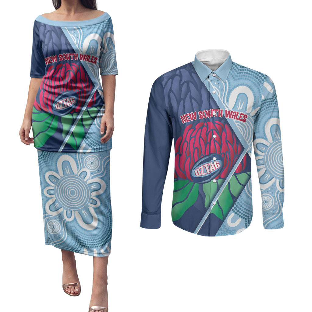 New South Wales Oztag Custom Couples Matching Puletasi and Long Sleeve Button Shirt NSW Waratah Indigenous Art