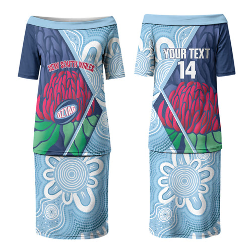 New South Wales Oztag Custom Couples Matching Puletasi and Long Sleeve Button Shirt NSW Waratah Indigenous Art