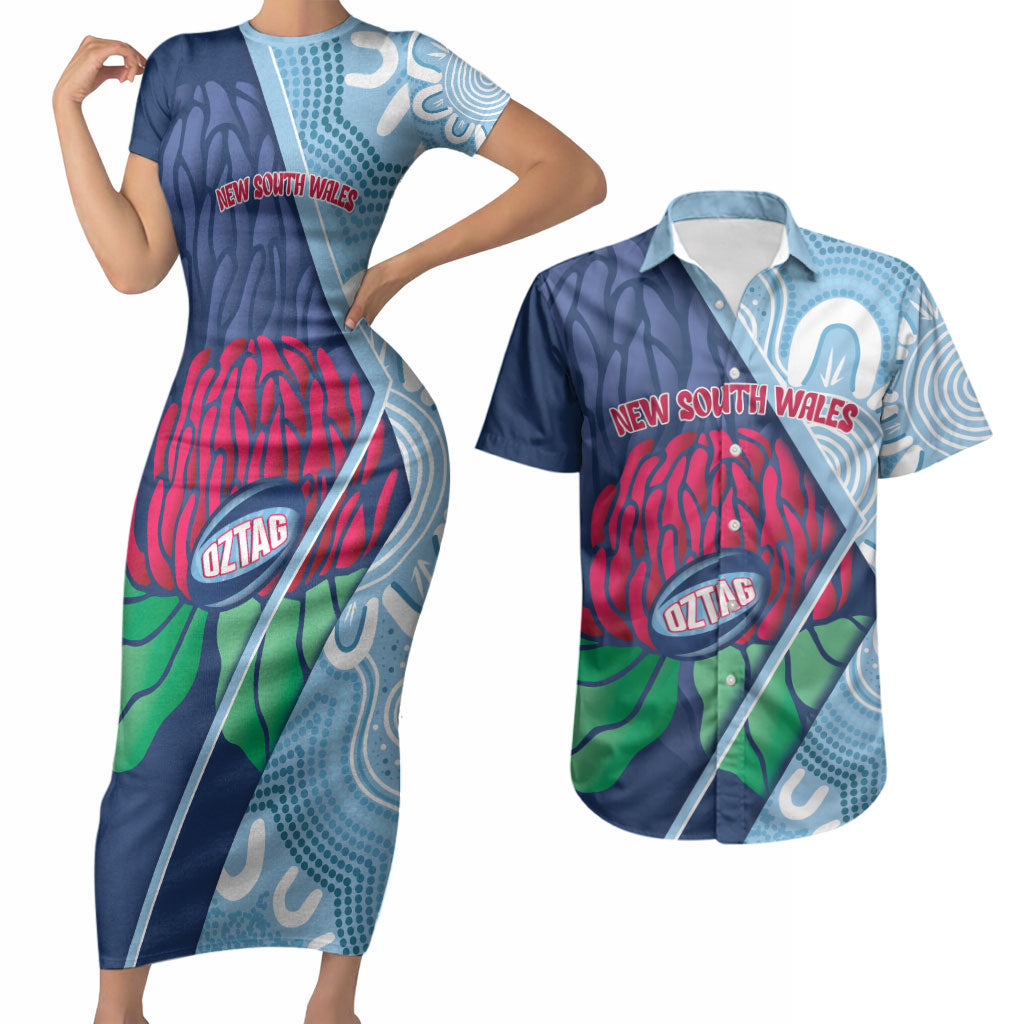 New South Wales Oztag Custom Couples Matching Short Sleeve Bodycon Dress and Hawaiian Shirt NSW Waratah Indigenous Art