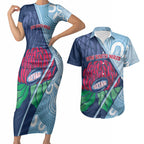 New South Wales Oztag Custom Couples Matching Short Sleeve Bodycon Dress and Hawaiian Shirt NSW Waratah Indigenous Art