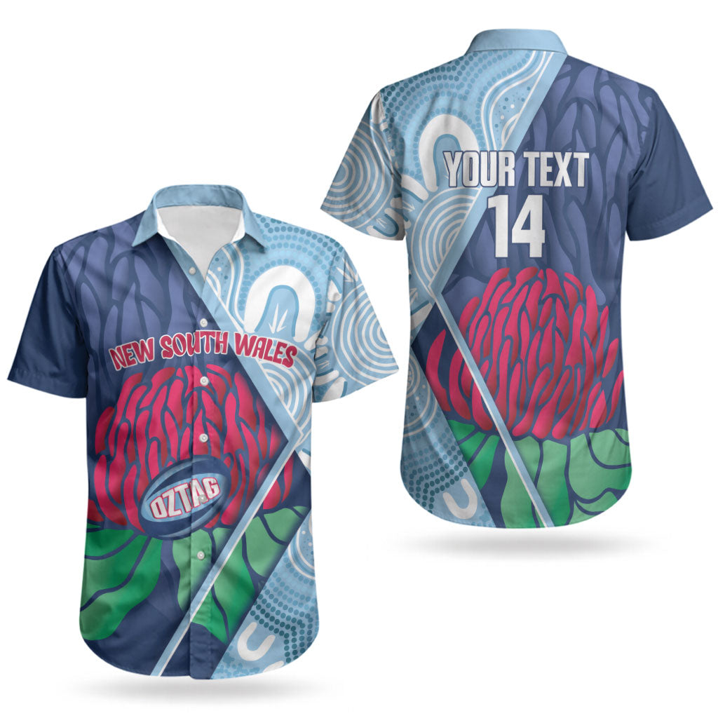 New South Wales Oztag Custom Couples Matching Short Sleeve Bodycon Dress and Hawaiian Shirt NSW Waratah Indigenous Art
