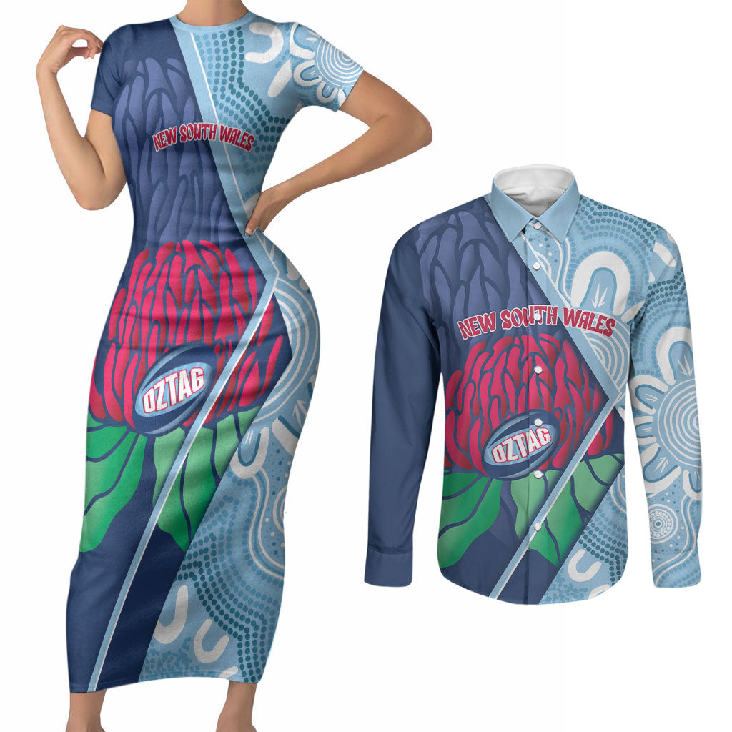 New South Wales Oztag Custom Couples Matching Short Sleeve Bodycon Dress and Long Sleeve Button Shirt NSW Waratah Indigenous Art
